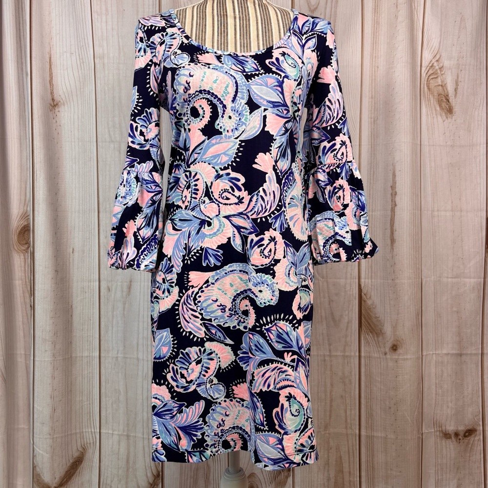 Lilly Pulitzer Carlile Sheath Dress Bell Sleeves High Tide Holy Flockamolie Sz S
